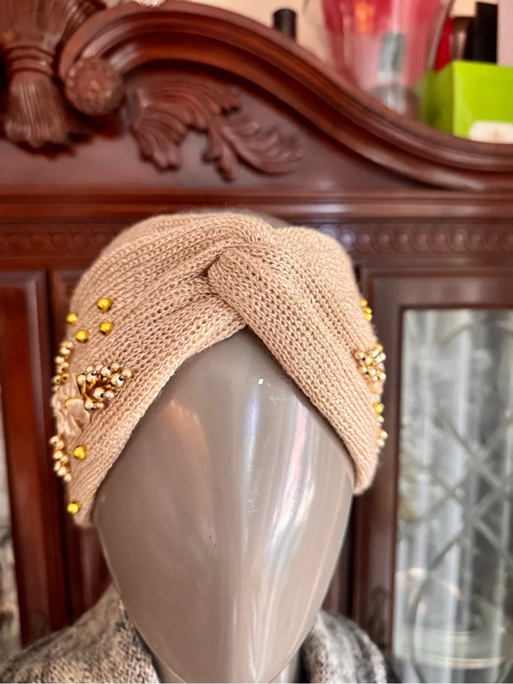 Anthropologie Beaded Knit Turban Headband Ear Warmer - Beige & Gold Boho